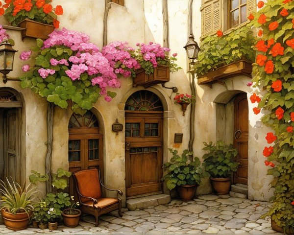 Charming courtyard with stone walls and vibrant flowers