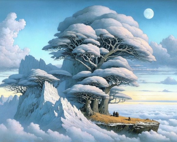 Serene landscape with snow-covered trees and clouds
