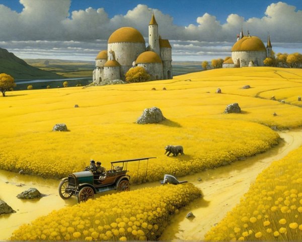 Vibrant Landscape with Yellow Fields and Dome Buildings