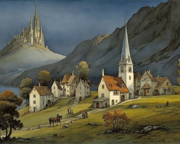 Serene Village Surrounded by Hills and Castle at Twilight