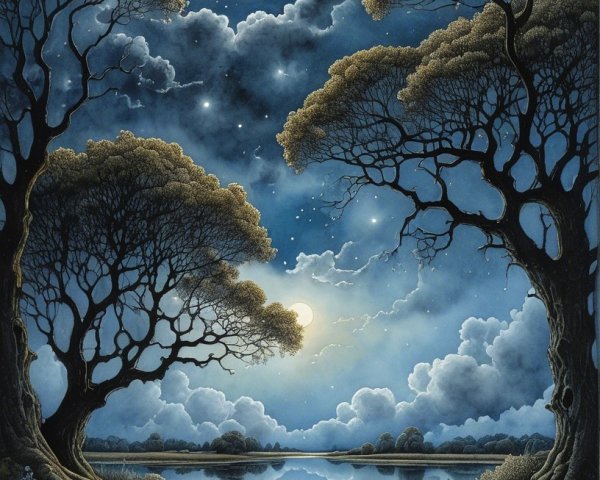 Serene Night Landscape with Trees and Tranquil Lake