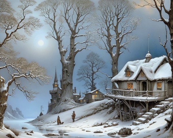 Winter Village by Snow-Covered River at Night