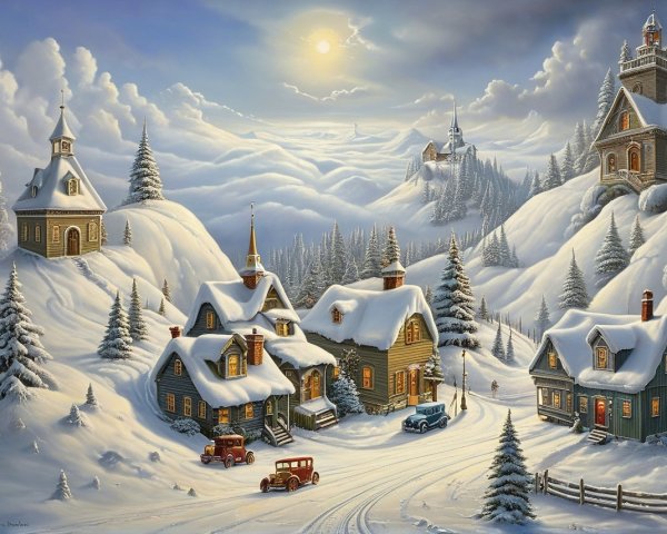 Serene Winter Village Scene with Snow-Covered Hills