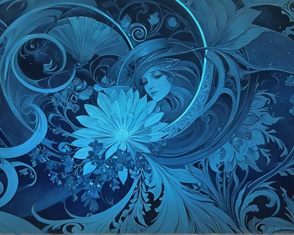 Intricate Ethereal Artwork with Blue Swirling Patterns