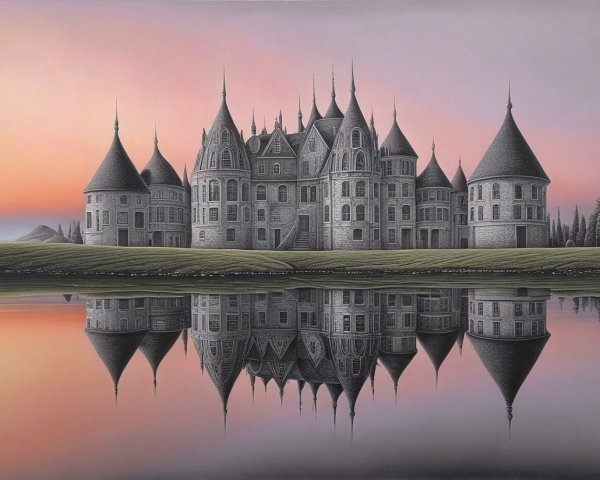 Majestic castle by serene lake at sunset