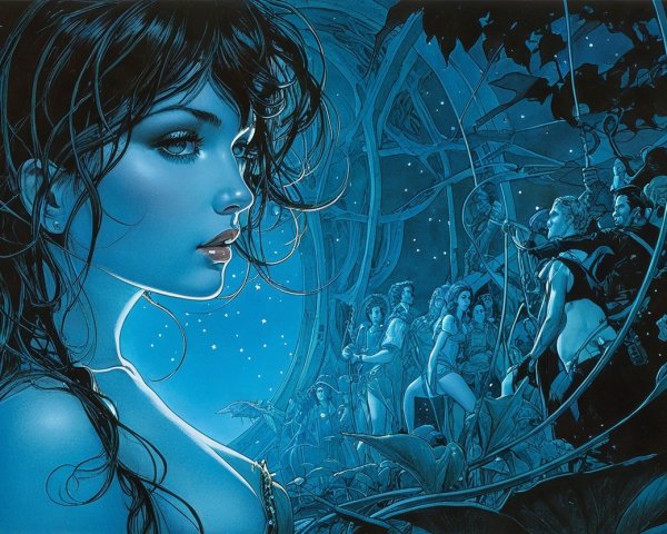 Woman with Long Hair in Mystical Blue Setting