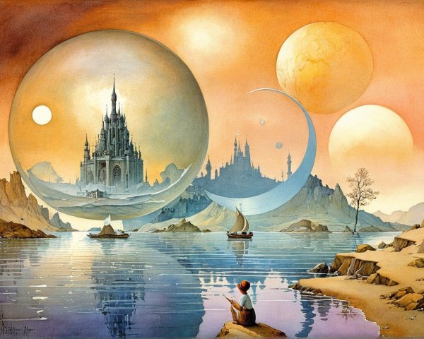 Serene Landscape with Castle Reflection and Planets