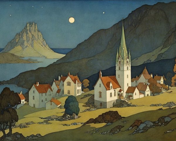 Quaint Village Landscape with White Houses and Lake