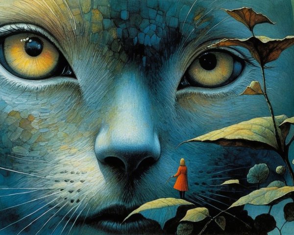 Large Blue Feline Face with Yellow Eyes in Art