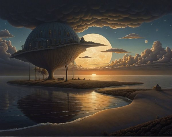 Surreal Landscape with Floating Dome and Tranquil Water