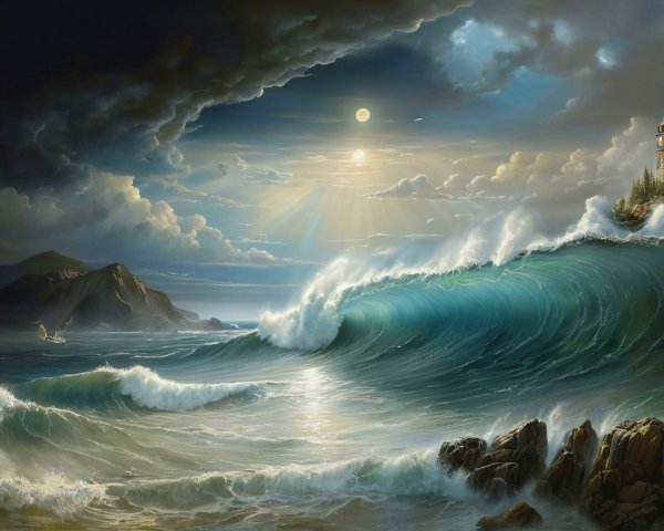 Dramatic Seascape with Waves and Seaside House