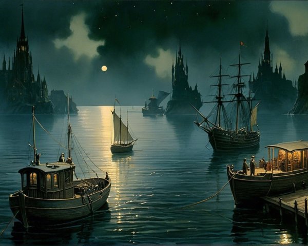 Tranquil Harbor Scene Under a Full Moon