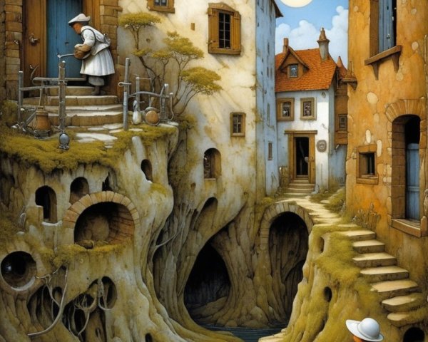 Whimsical Landscape with Unique Buildings and Moons