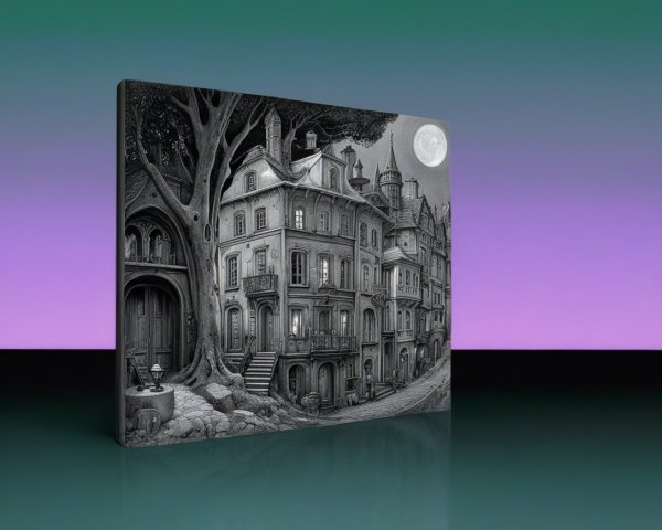 Whimsical Black-and-White Illustration of Enchanting Town