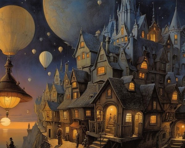 Whimsical Twilight Scene of a Fantastical Village