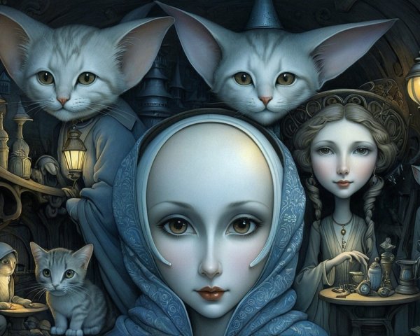 Ethereal Figure Surrounded by Enchanting Cats