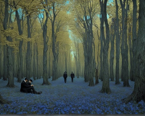 Serene forest with golden leaves and vibrant flowers