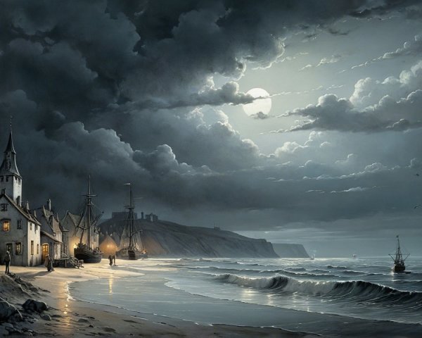 Coastal Night Scene with Moonlit Waves and Houses