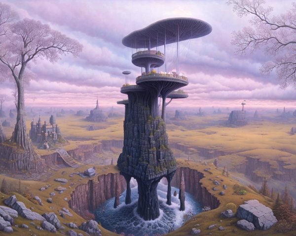 Surreal landscape with rock formation and futuristic structure