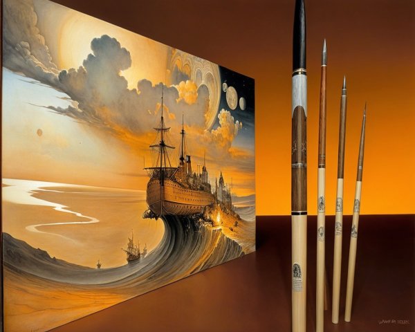 Surreal Painting of Ship in Cosmic Landscape