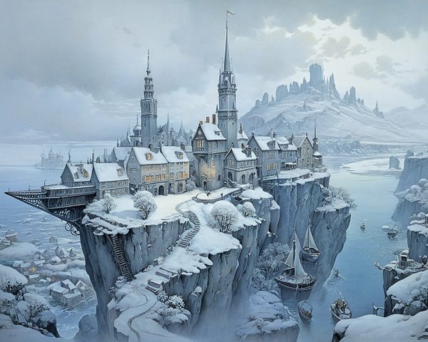 Snow-Covered Castle on Rocky Cliff in Winter Landscape