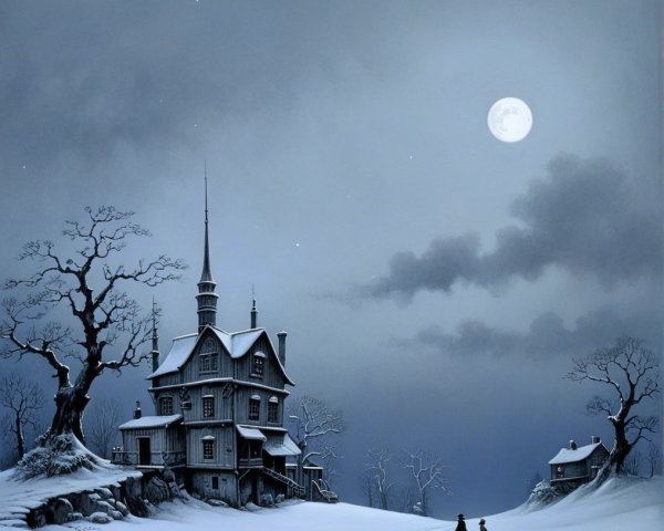 Serene Winter Landscape with Grand House and Moonlight