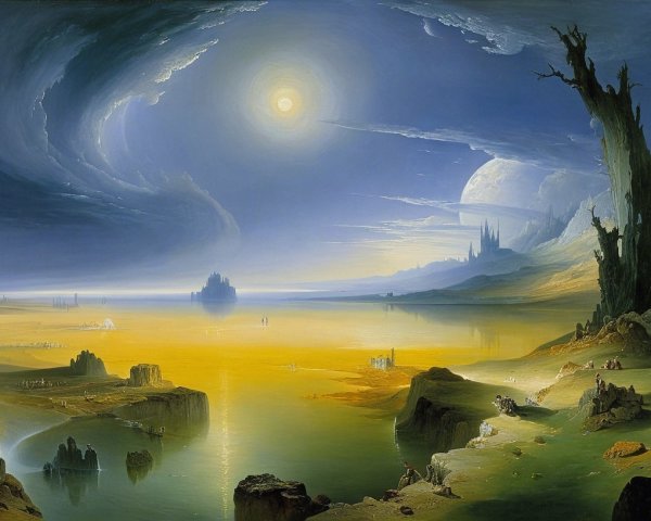 Surreal Landscape with Luminous Sky and Cliffs