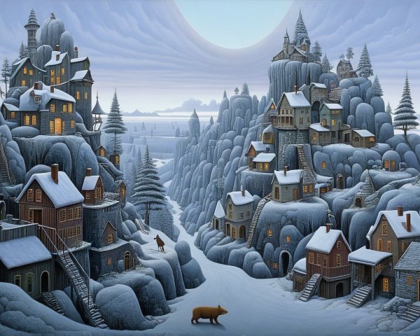 Winter Landscape with Cozy Houses and Snowy Hills