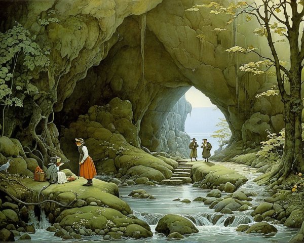 Cave Scene with Stream and Figures in Traditional Attire