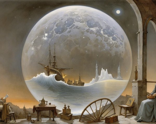 Fantastical Scene with Moon, Ship, and Vintage Objects