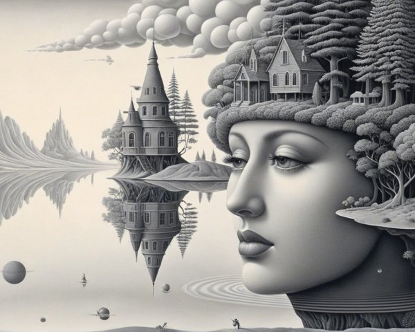 Surreal Landscape with Woman's Face and Geometric Shapes