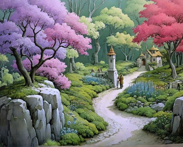 Serene Landscape with Winding Path and Cottage