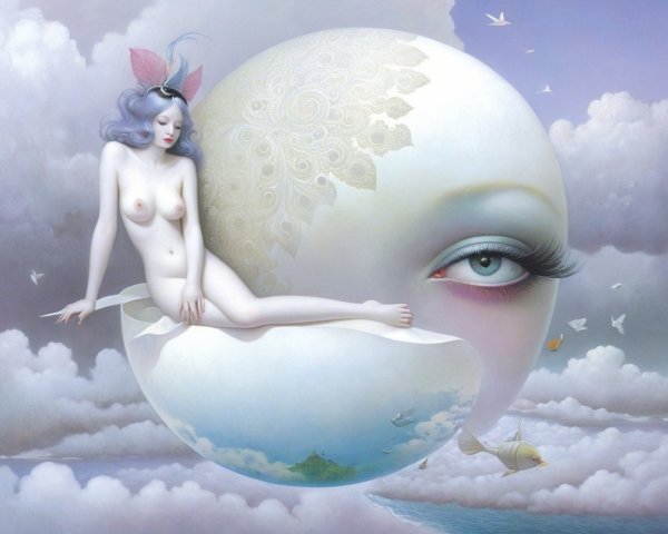 Surreal Scene with Nude Figure on Cracked Eggshell