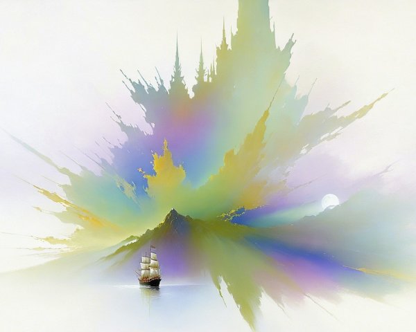 Dreamy Seascape with Ship and Abstract Mountains