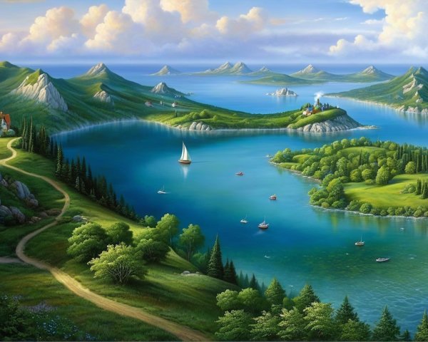Tranquil Bay Landscape with Church and Sailboats