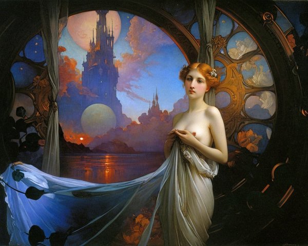 Woman in flowing fabric by ornate window with castle view