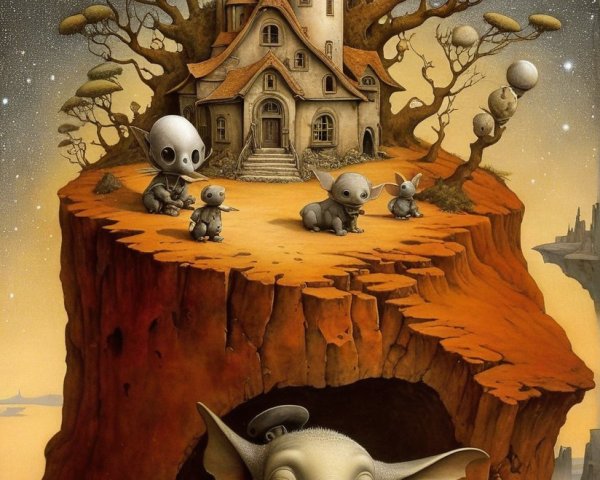 Whimsical landscape with castle on a tree stump
