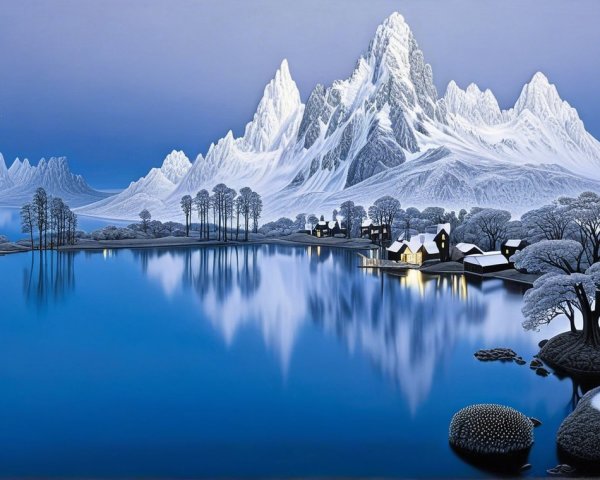 Winter Landscape with Snow-Capped Mountains and Lake