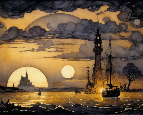 Twilight Lighthouse Scene with Dual Suns and Castle