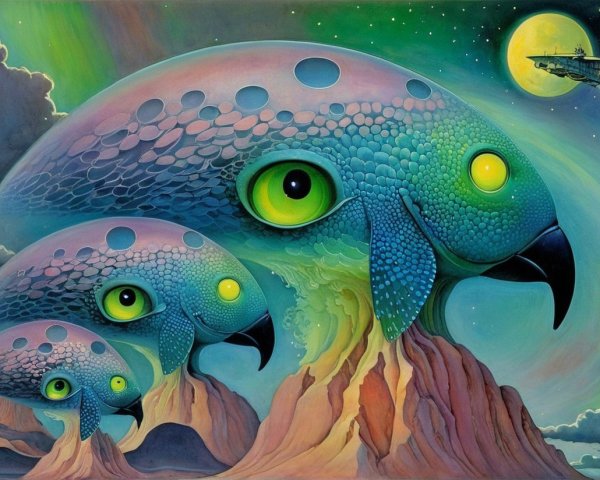 Surreal Landscape with Gigantic Colorful Creatures