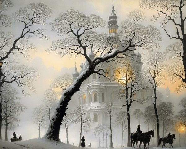 Winter Landscape with Castle and Silhouetted Figures