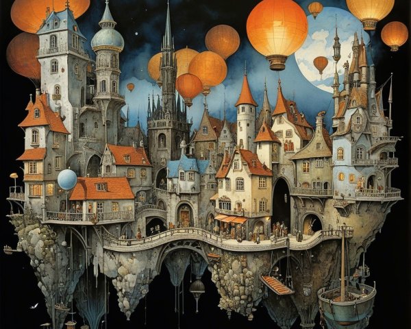 Whimsical Floating City with Intricate Towers and Balloons