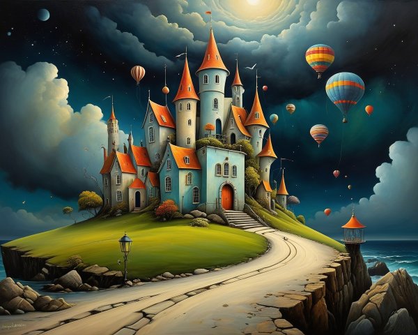 Whimsical castle on a hill with vibrant surroundings