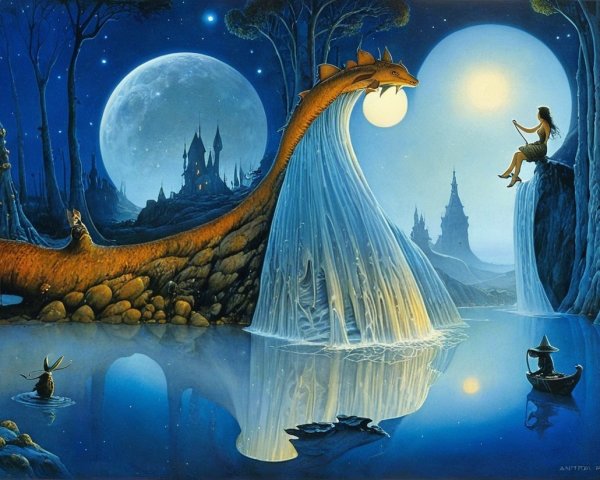 Fantasy Scene with Dragon, Waterfall, and Moons