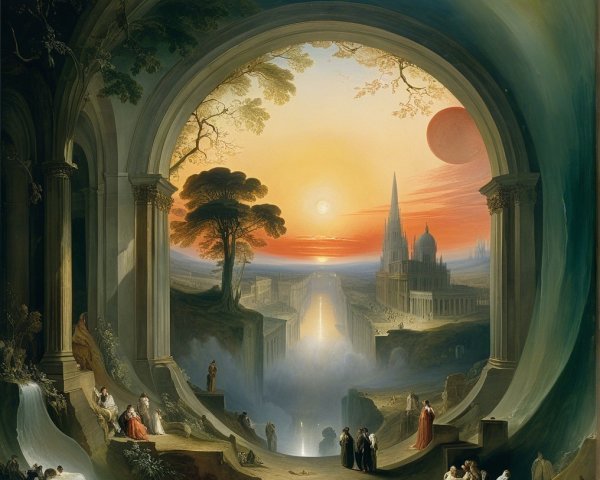 Dreamlike Landscape with Sunset and Figures in Garments