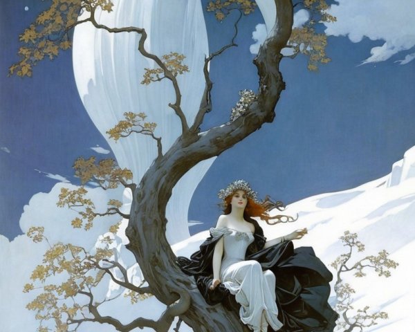 Serene Figure in Gown on Ornate Tree at Night