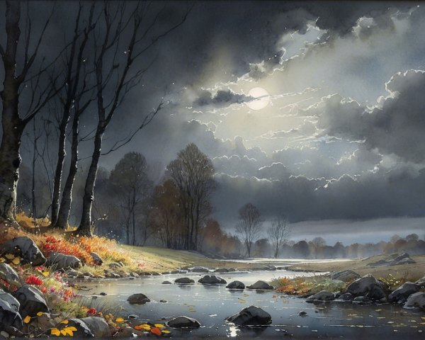 Serene Night Landscape with Winding River and Moonlight