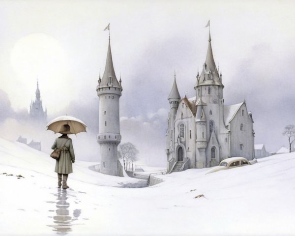 Solitary Figure in Snowy Landscape with Castle at Dawn