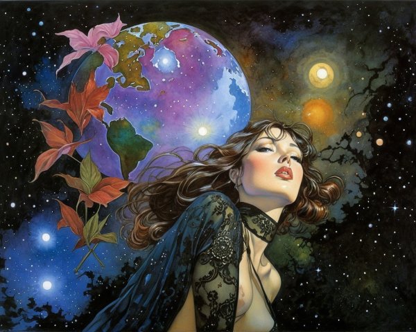 Mystical Woman in Cosmic Landscape with Earth and Plants