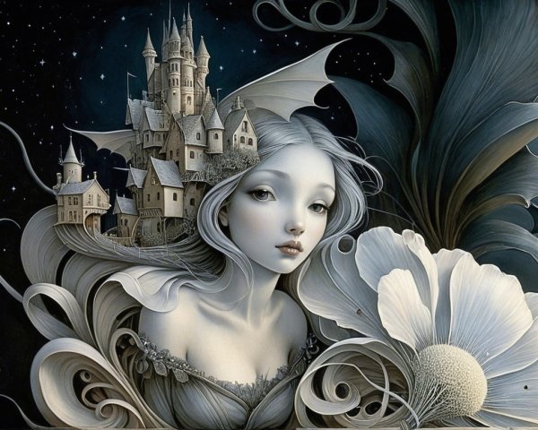 Fantasy Scene of a Serene Woman with Castle and Flowers